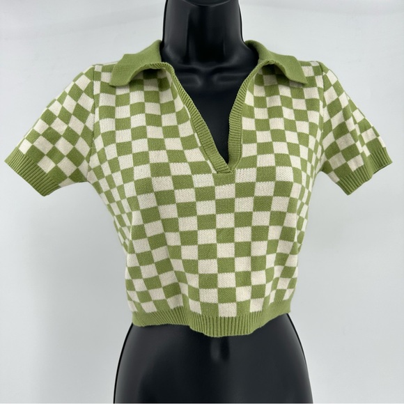 Hesperus Green Cream Checkered Crop Top Collared Sweater Medium Short Sleeve - Picture 2 of 7